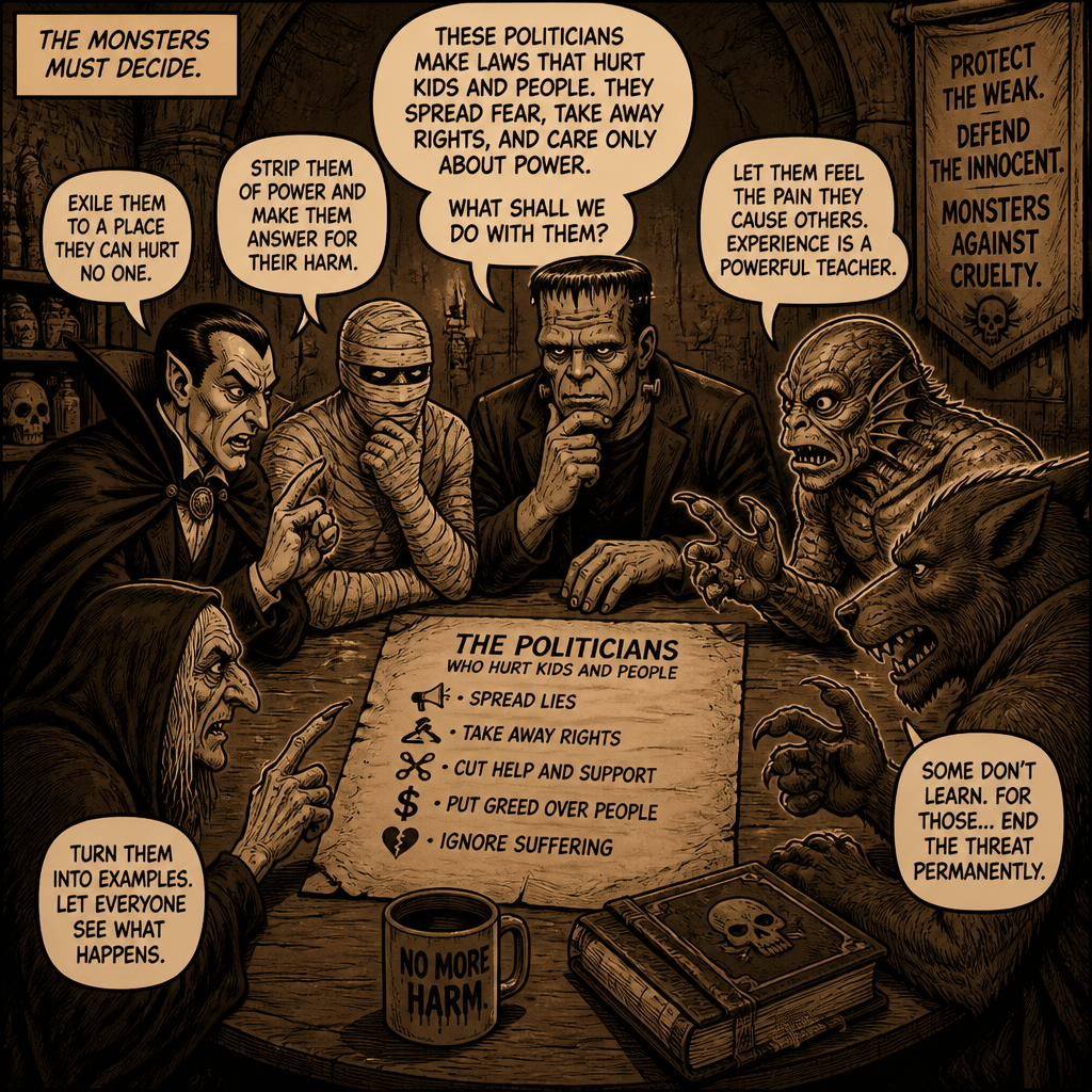 Comic panel reading: THE MONSTERS MUST DECIDE. Monsters discuss politicians who hurt kids and people, spread fear, take away rights, and care only about power. Speech bubbles say EXILE THEM TO A PLACE THEY CAN HURT NO ONE; STRIP THEM OF POWER AND MAKE THEM ANSWER FOR THEIR HARM; LET THEM FEEL THE PAIN THEY CAUSE OTHERS; TURN THEM INTO EXAMPLES; and SOME DON'T LEARN. FOR THOSE... END THE THREAT PERMANENTLY. A banner reads PROTECT THE WEAK. DEFEND THE INNOCENT. MONSTERS AGAINST CRUELTY. A central poster lists THE POLITICIANS WHO HURT KIDS AND PEOPLE: SPREAD LIES, TAKE AWAY RIGHTS, CUT HELP AND SUPPORT, PUT GREED OVER PEOPLE, IGNORE SUFFERING. A mug reads NO MORE HARM.
