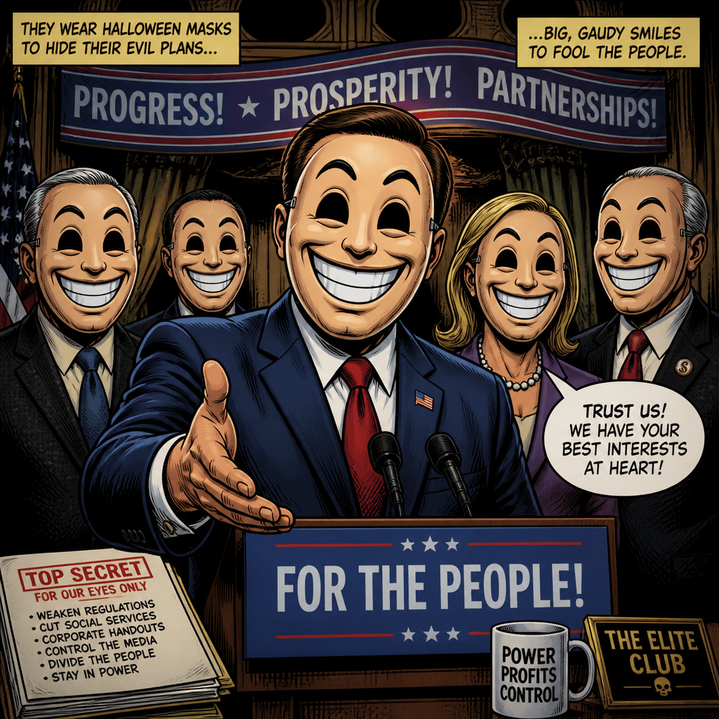 Satirical leaders at podium with text: “THEY WEAR HALLOWEEN MASKS TO HIDE THEIR EVIL PLANS...”; “...BIG, GAUDY SMILES TO FOOL THE PEOPLE.”; “PROGRESS! PROSPERITY! PARTNERSHIPS!”; “TRUST US! WE HAVE YOUR BEST INTERESTS AT HEART!”; “FOR THE PEOPLE!”; “TOP SECRET FOR OUR EYES ONLY”; “WEAKEN REGULATIONS, CUT SOCIAL SERVICES, CORPORATE HANDOUTS, CONTROL THE MEDIA, DIVIDE THE PEOPLE, STAY IN POWER”; “POWER PROFITS CONTROL”; “THE ELITE CLUB.”