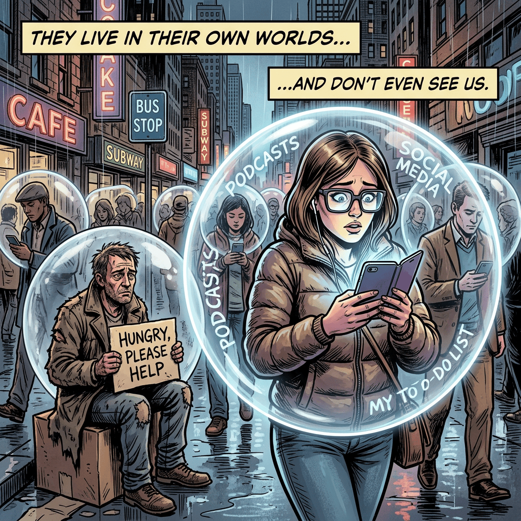 Comic city scene with text: “THEY LIVE IN THEIR OWN WORLDS...”, “...AND DON’T EVEN SEE US.”, “HUNGRY, PLEASE HELP.”, “PODCASTS,” “SOCIAL MEDIA,” and “MY TO-DO LIST,” plus CAFE, SUBWAY, and BUS STOP signs.