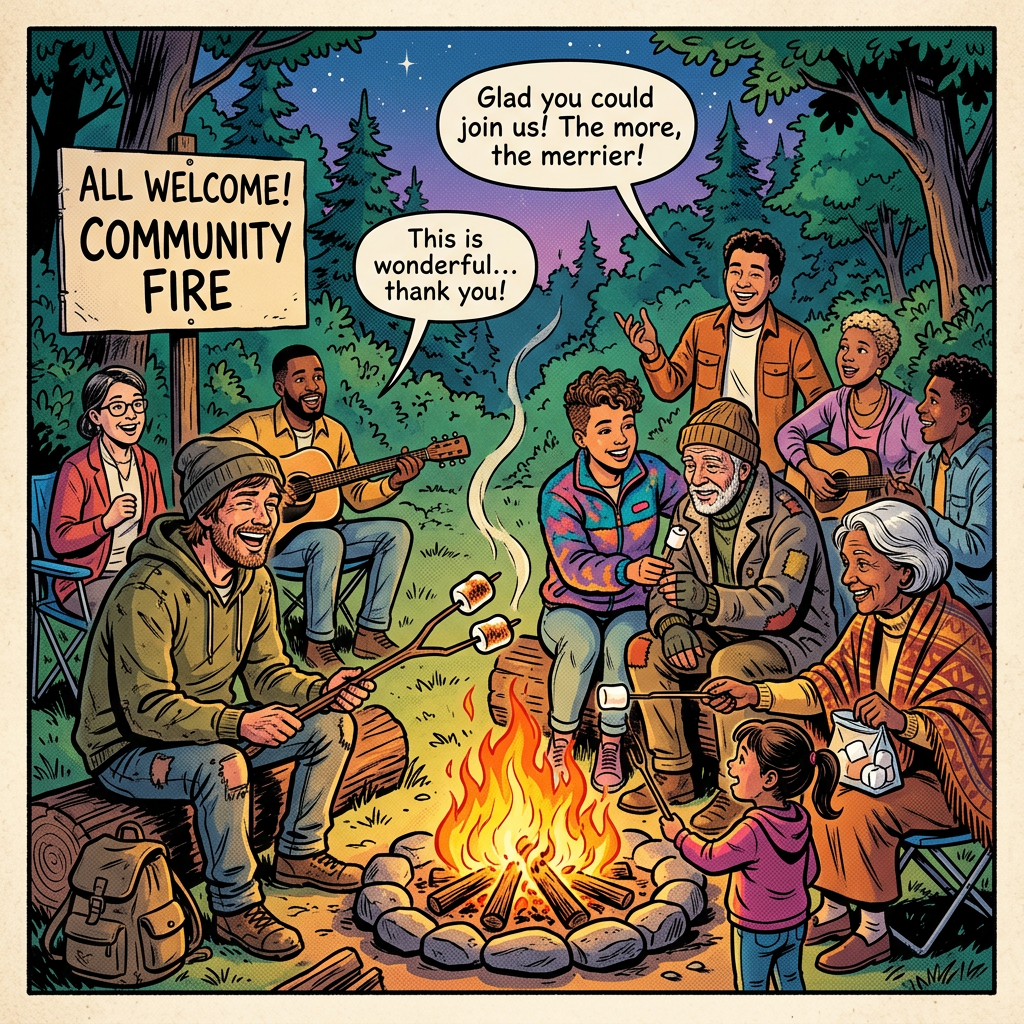 Diverse neighbors gather around a campfire beneath a sign reading “ALL WELCOME! COMMUNITY FIRE.”