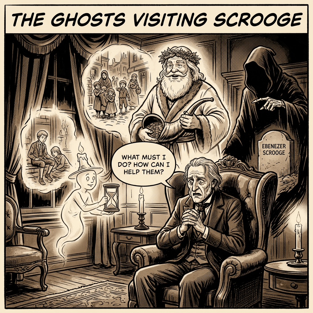 Comic panel titled The Ghosts Visiting Scrooge, with Scrooge, three ghosts, and visions of Christmas past.
