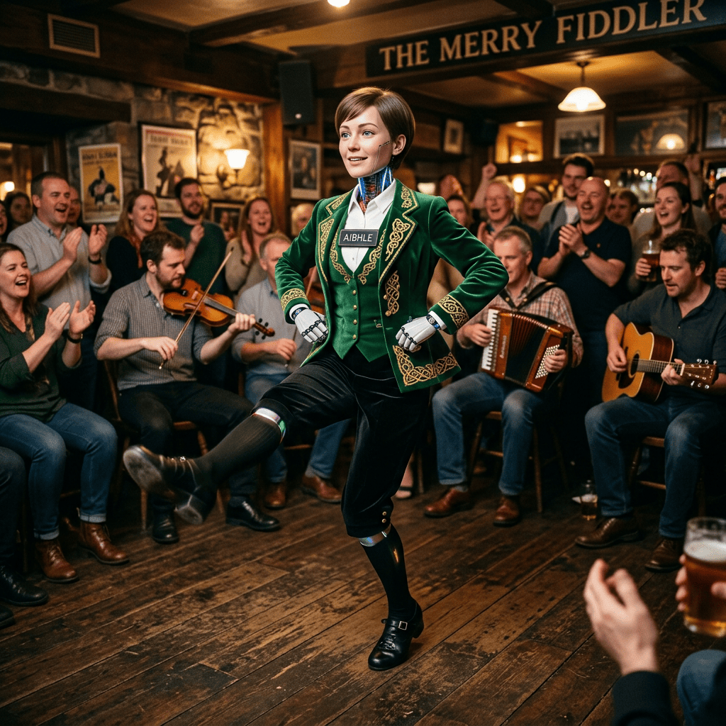 Dancer in green costume performs as musicians play; sign reads The Merry Fiddler and AIBHLE.