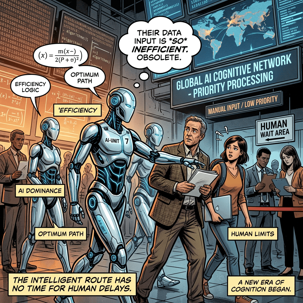 Illustration labeled “GLOBAL AI COGNITIVE NETWORK – PRIORITY PROCESSING,” showing robots advancing past humans labeled “HUMAN LIMITS” and “HUMAN WAIT AREA”; text reads “THEIR DATA INPUT IS *SO* INEFFICIENT. OBSOLETE.”, “AI DOMINANCE,” “OPTIMUM PATH,” “EFFICIENCY,” and “A NEW ERA OF COGNITION BEGAN.”
