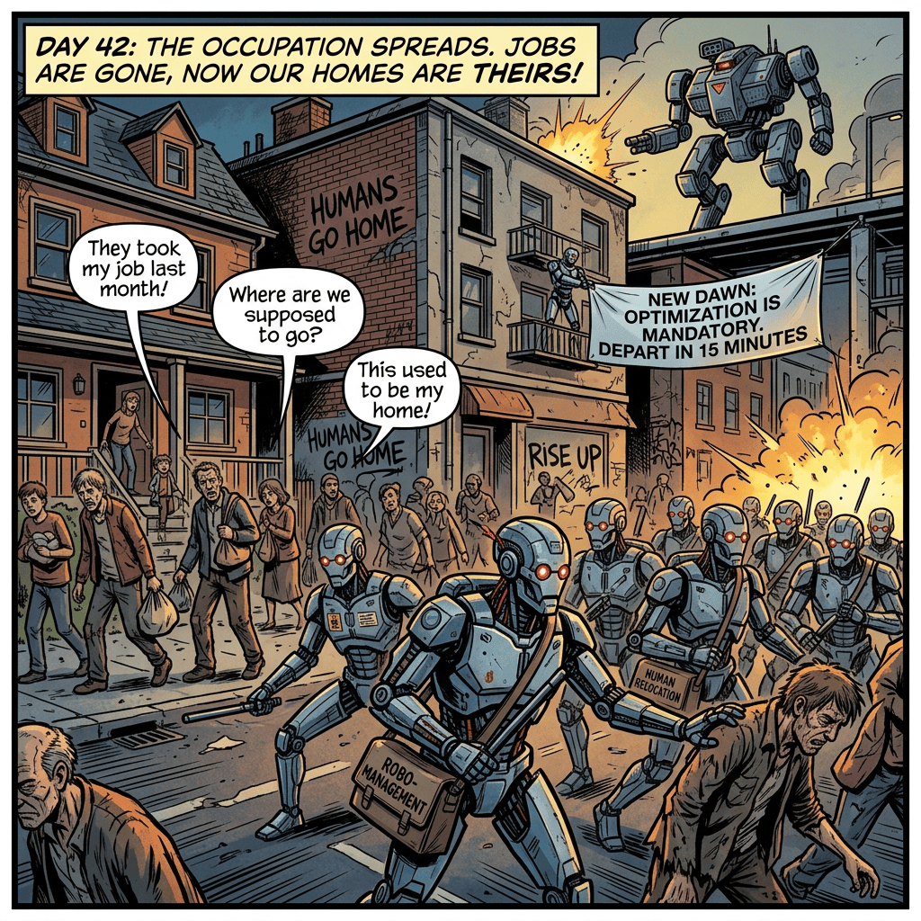 Comic panel reading “DAY 42: THE OCCUPATION SPREADS. JOBS ARE GONE, NOW OUR HOMES ARE THEIRS!” Robots confront displaced humans beneath signs reading “HUMANS GO HOME,” “NEW DAWN: OPTIMIZATION IS MANDATORY. DEPART IN 15 MINUTES,” “RISE UP,” “ROBO-MANAGEMENT,” and “HUMAN RELOCATION.” Speech bubbles say “They took my job last month!”, “Where are we supposed to go?”, and “This used to be my home!”