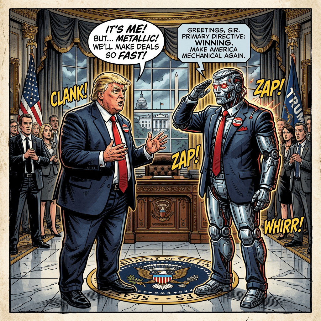 Comic text: “IT’S ME! BUT... METALLIC! WE’LL MAKE DEALS SO FAST!” and “GREETINGS, SIR. PRIMARY DIRECTIVE: WINNING. MAKE AMERICA MECHANICAL AGAIN.” Trump faces a robot in the Oval Office amid “CLANK!”, “ZAP!”, and “WHIRR!”