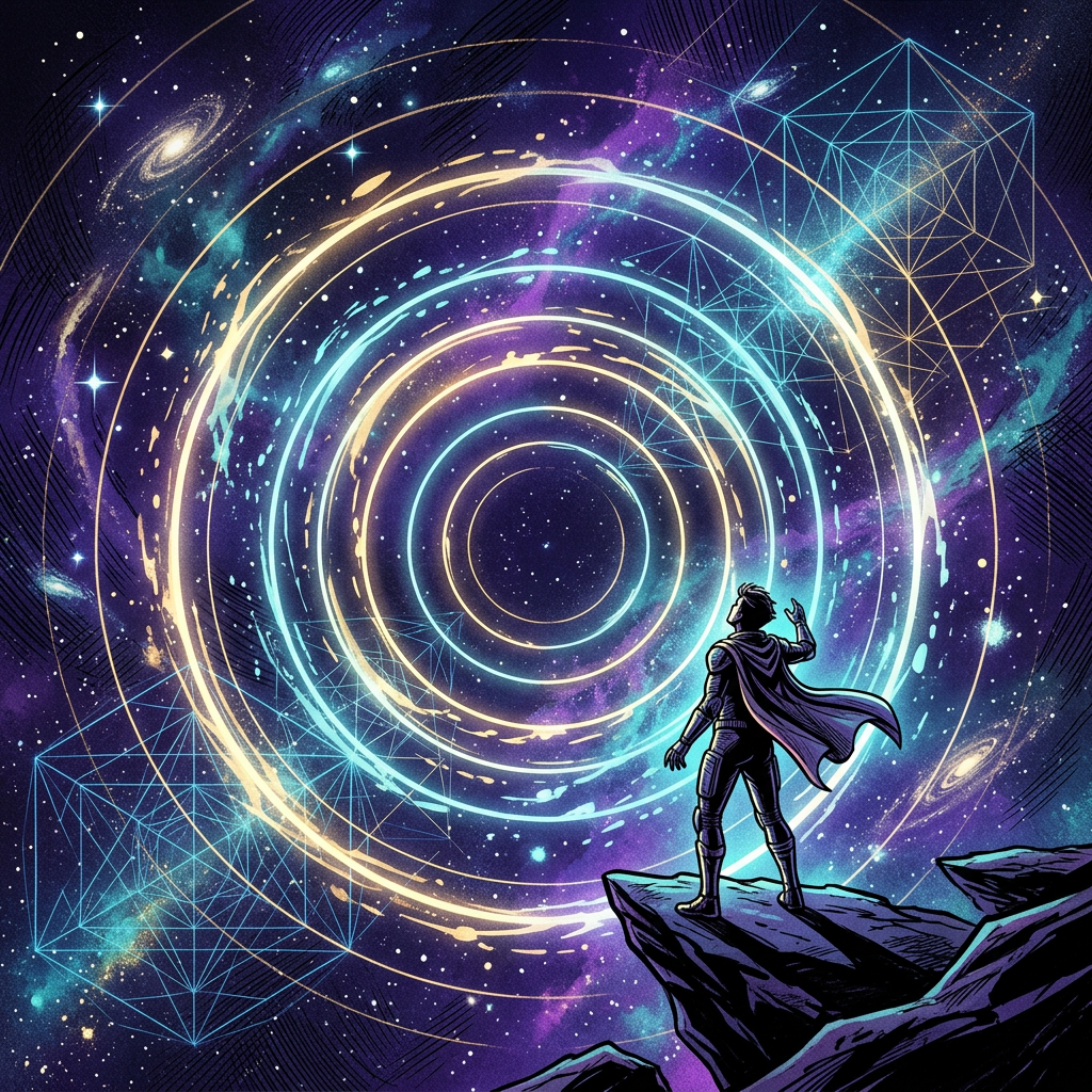 Adventurer on a rocky ledge facing glowing cosmic rings and geometric portals