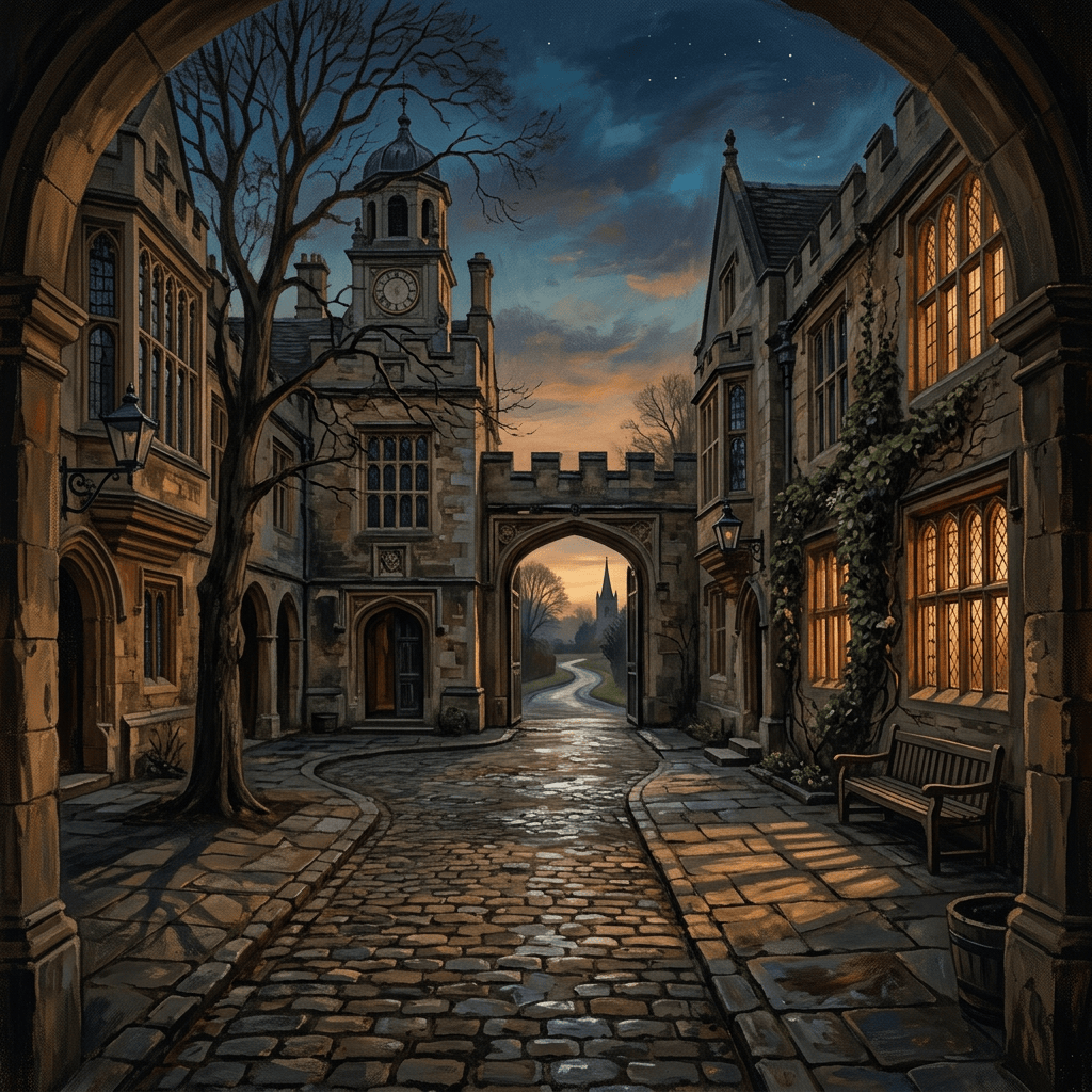Historic cobblestone courtyard with clock tower, archway, and glowing windows at twilight