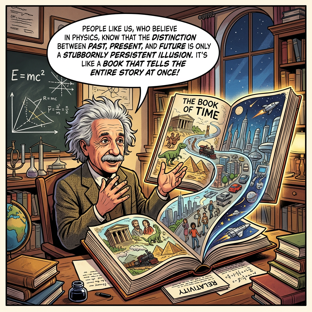 Albert Einstein beside open books; text reads: "People like us, who believe in physics, know that the distinction between past, present, and future is only a stubbornly persistent illusion. It's like a book that tells the entire story at once!" and "The Book of Time."