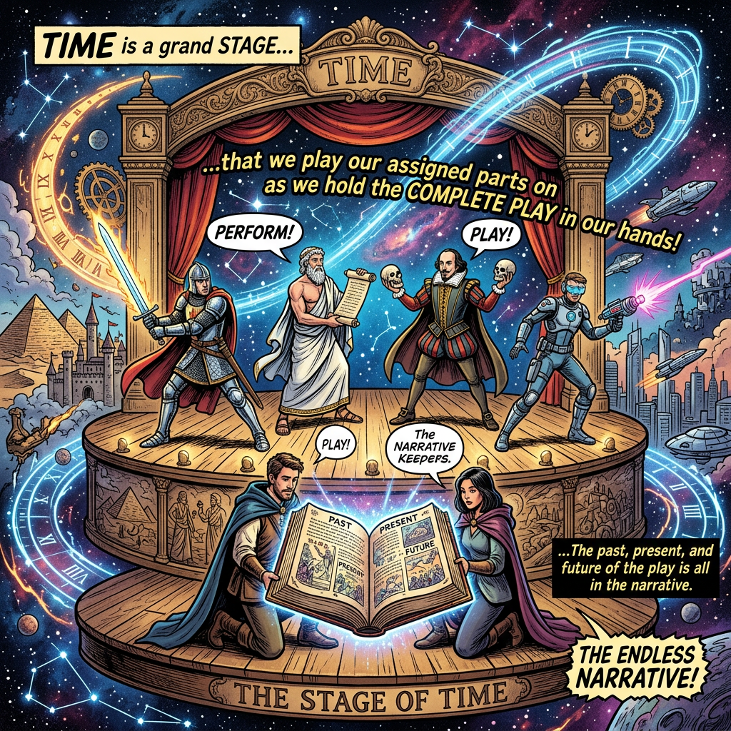 Illustrated cosmic theater with text: “TIME is a grand STAGE...,” “...that we play our assigned parts on as we hold the COMPLETE PLAY in our hands!,” “PERFORM!,” “PLAY!,” “The NARRATIVE KEEPS,” “...The past, present, and future of the play is all in the narrative.,” “THE ENDLESS NARRATIVE!,” and “THE STAGE OF TIME.”