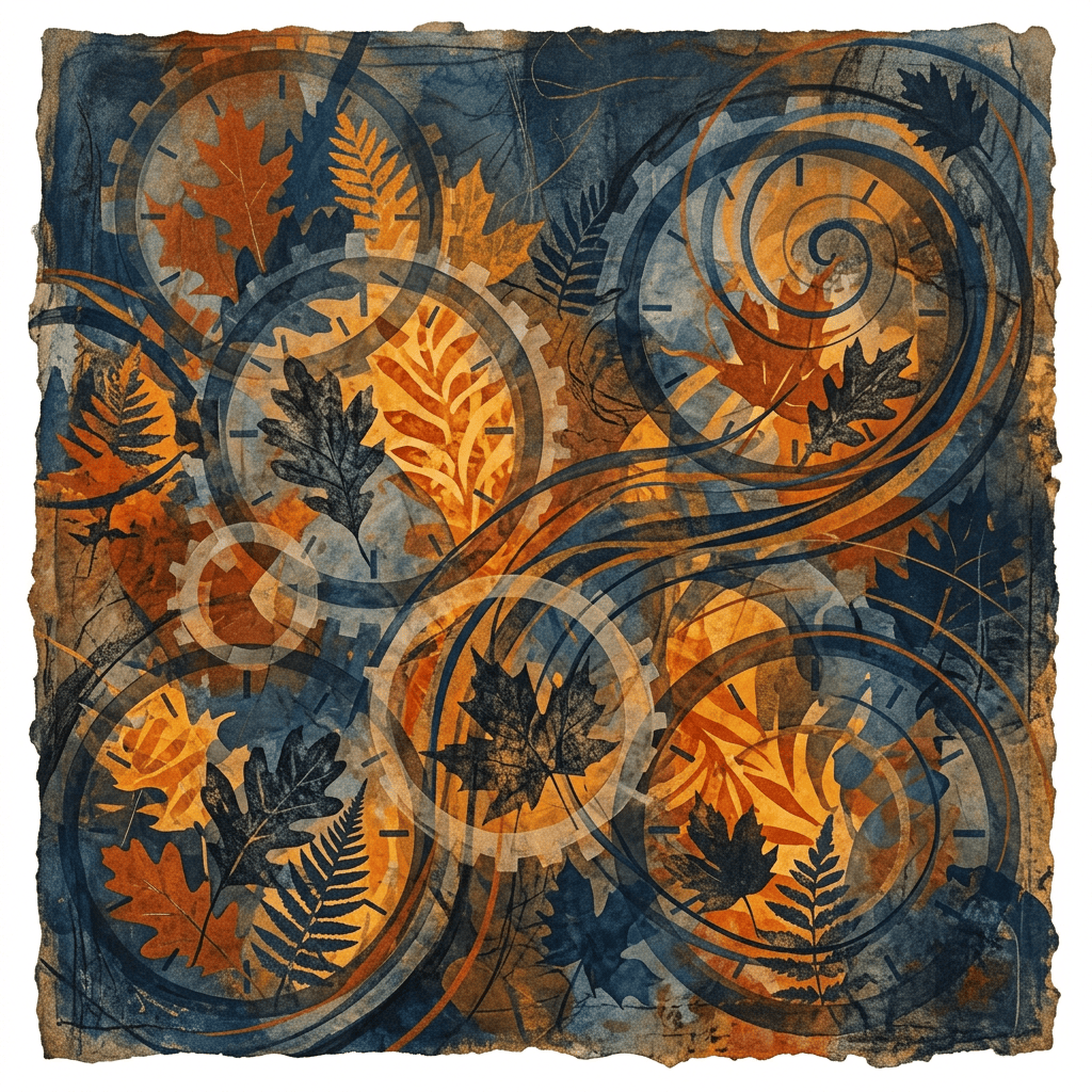 Abstract artwork of autumn leaves, clock faces, gears, and swirling lines