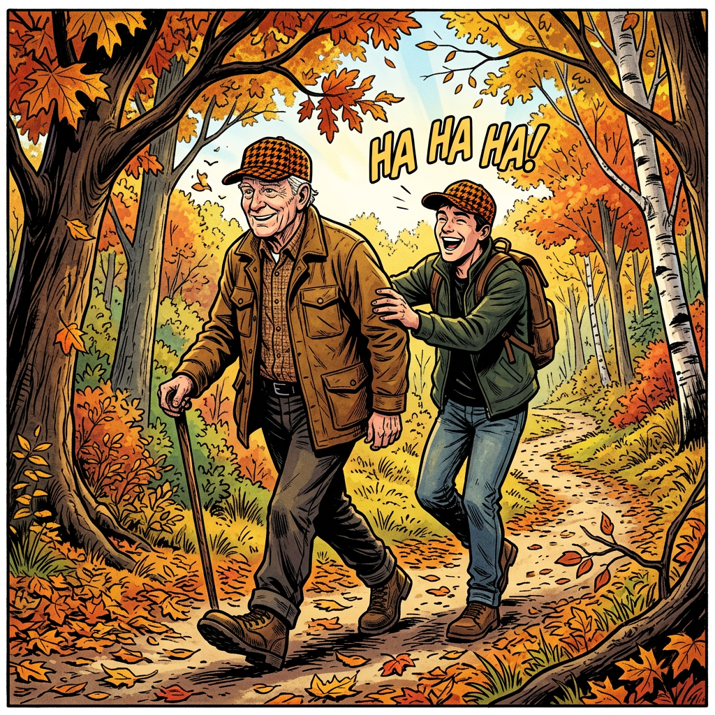 Older man hiking with a companion through an autumn forest, laughing