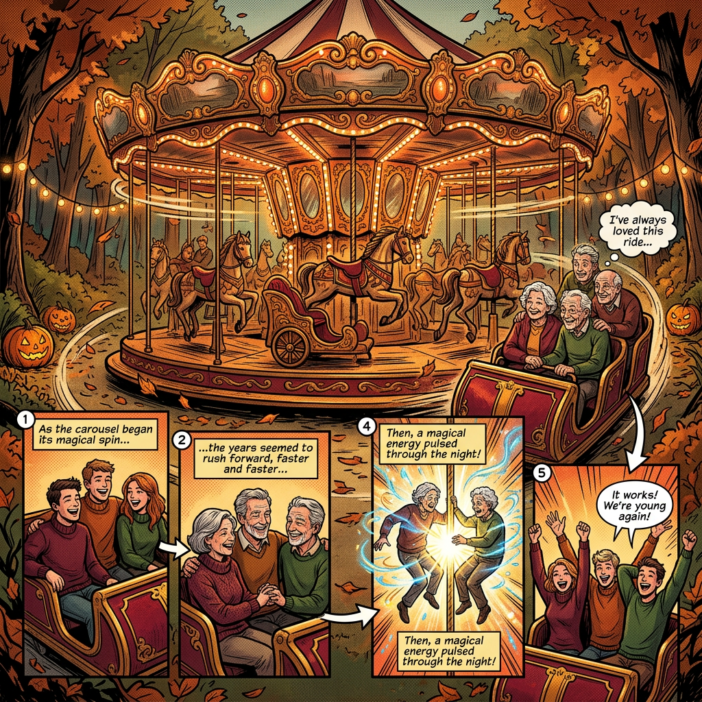 Comic illustration of a carousel with three older riders; text reads: “I’ve always loved this ride...”; “1 As the carousel began its magical spin...”; “2 ...the years seemed to rush forward, faster and faster...”; “4 Then, a magical energy pulsed through the night!”; “Then, a magical energy pulsed through the night!”; “5 It works! We’re young again!”