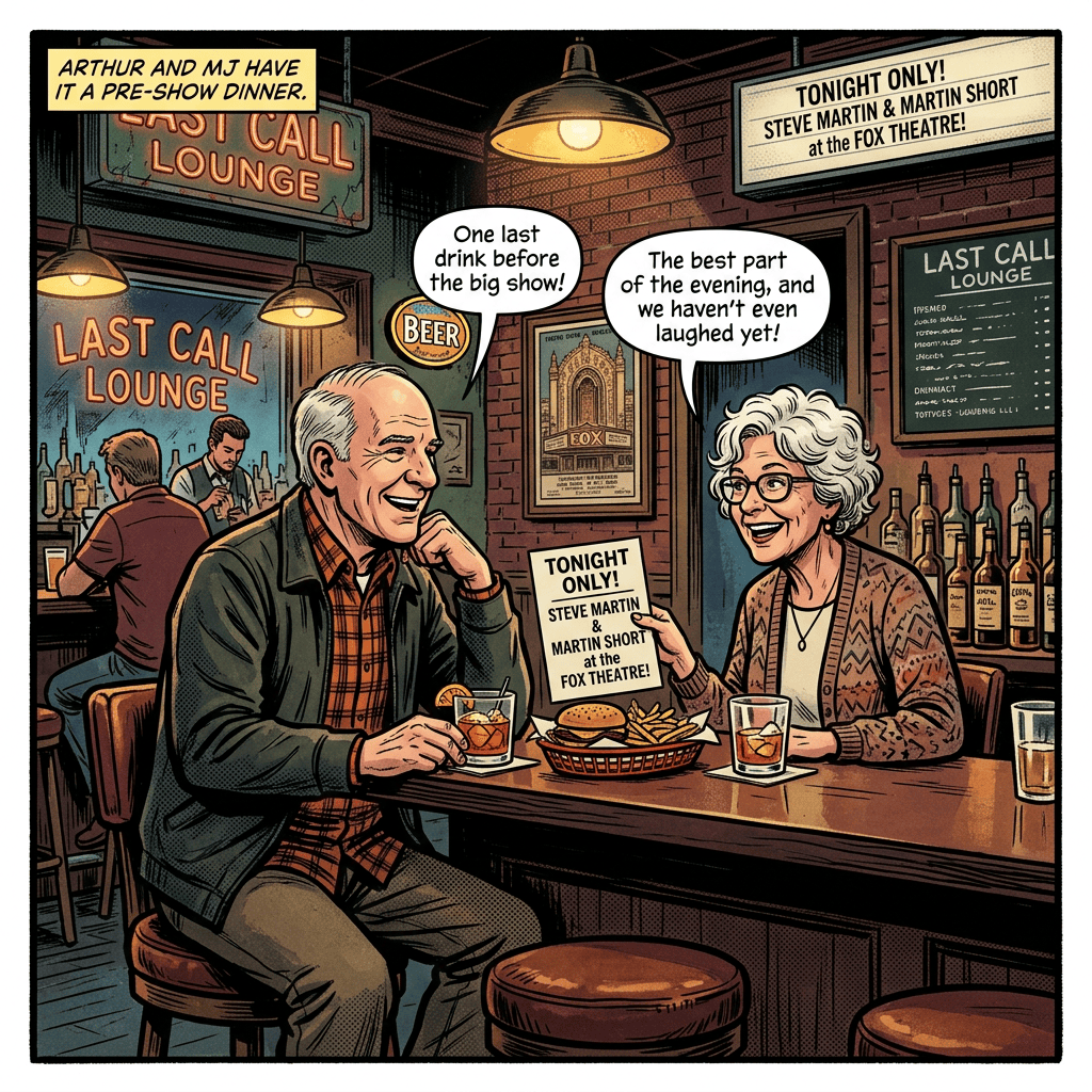 Older couple laughing over drinks at Last Call Lounge before a comedy show