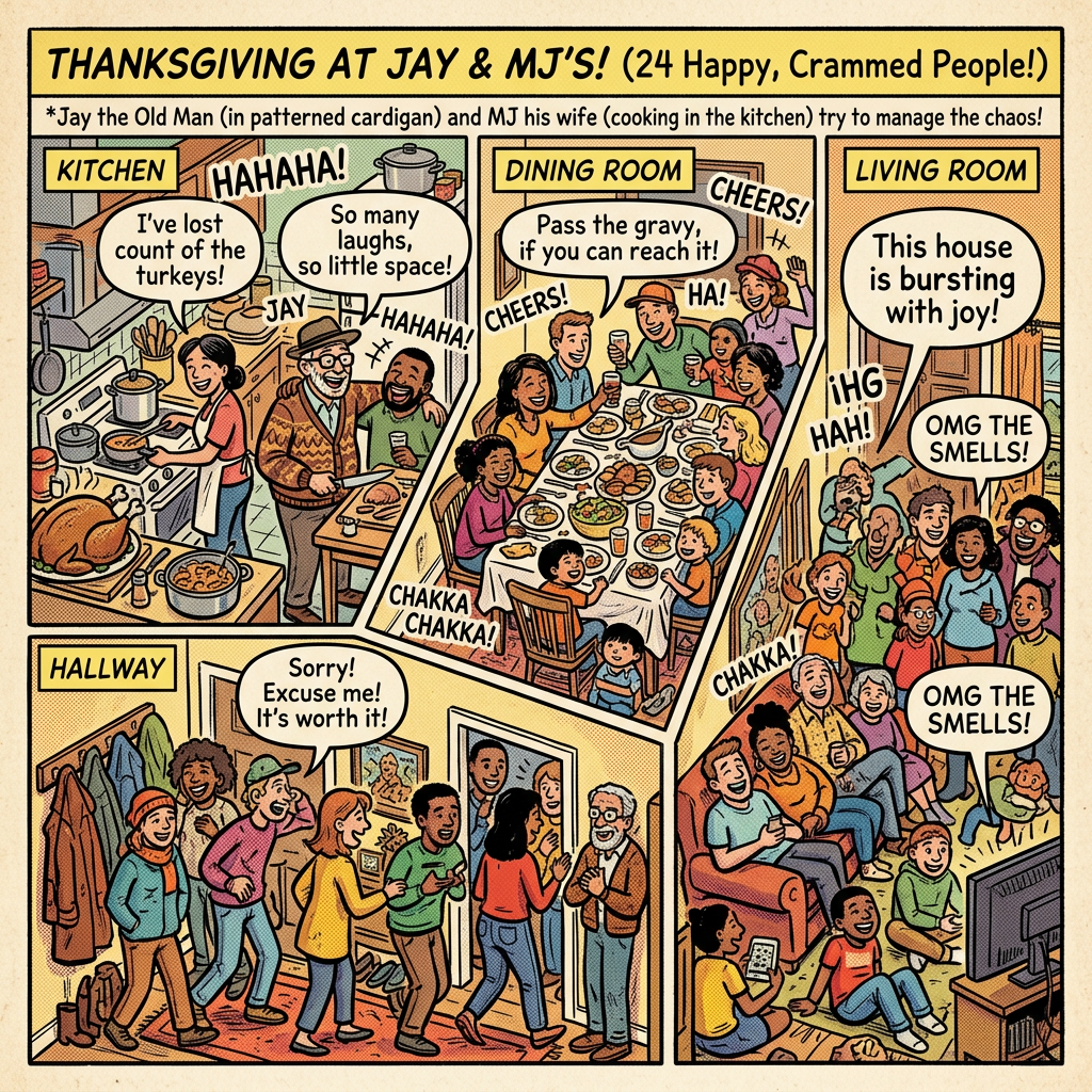 Comic titled "THANKSGIVING AT JAY & MJ'S! (24 Happy, Crammed People!)" showing a crowded holiday gathering in the kitchen, dining room, hallway, and living room.