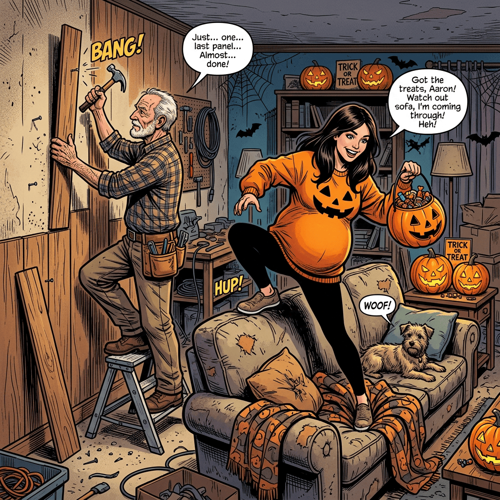 Comic scene of a handyman, pregnant woman, dog, and Halloween decorations