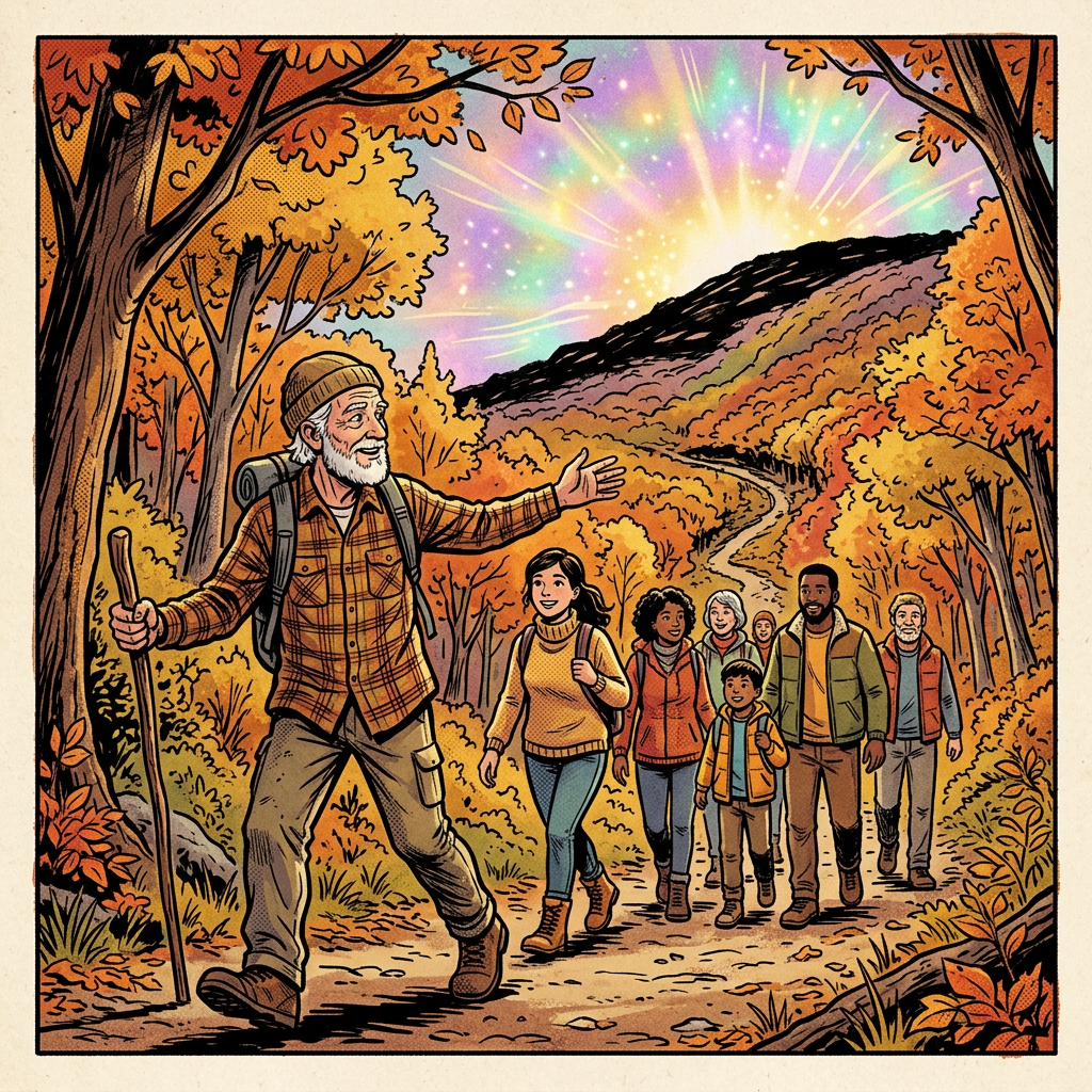 Diverse hikers follow a bearded guide along an autumn mountain trail