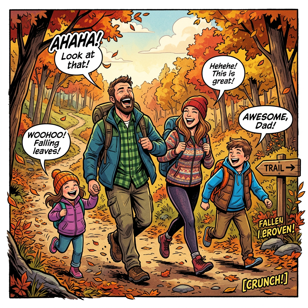 Comic family hiking through autumn forest with text: "AAAAA! Look at that!" "WOOHOO! Falling leaves!" "Hehehe! This is great!" "AWESOME, Dad!" "TRAIL →" "FALLEN [EROVEN?]" "[CRUNCH!]"