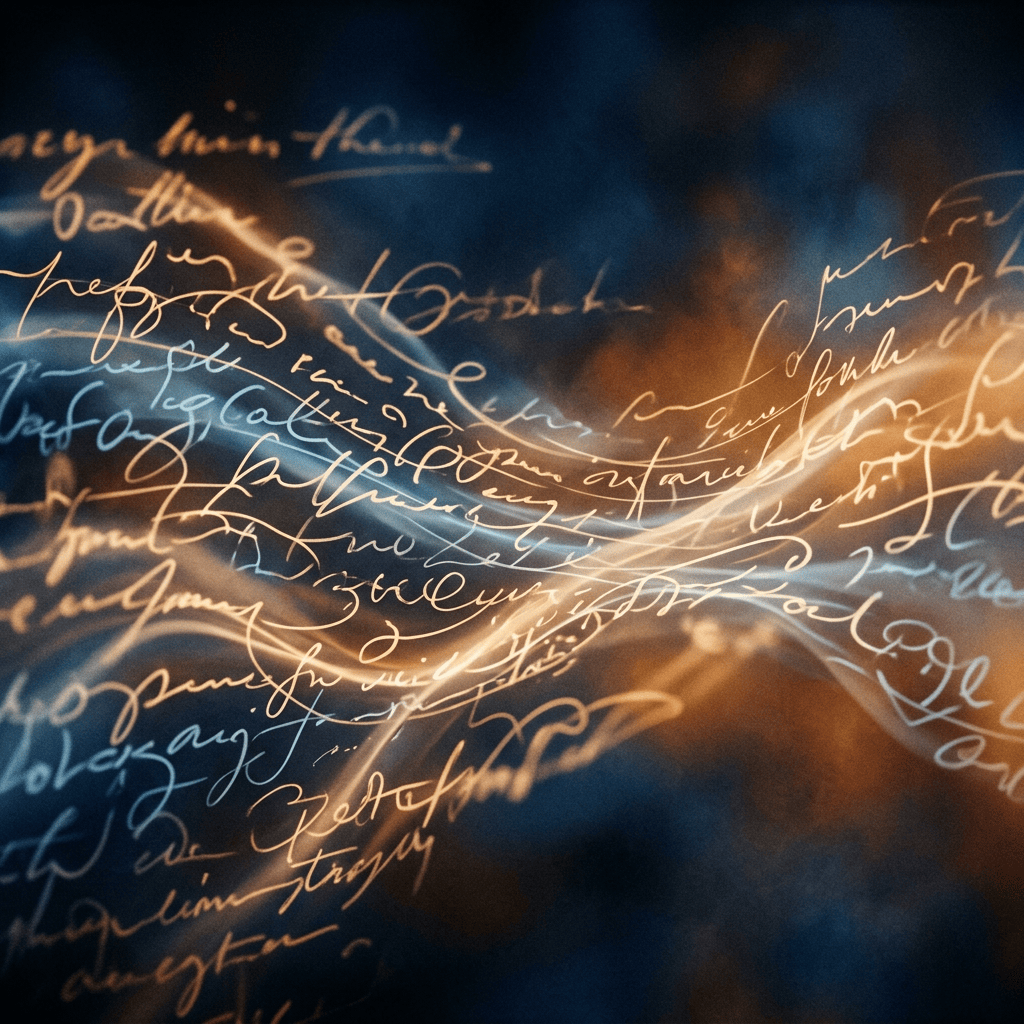 Abstract glowing handwritten script flowing across a dark blue background