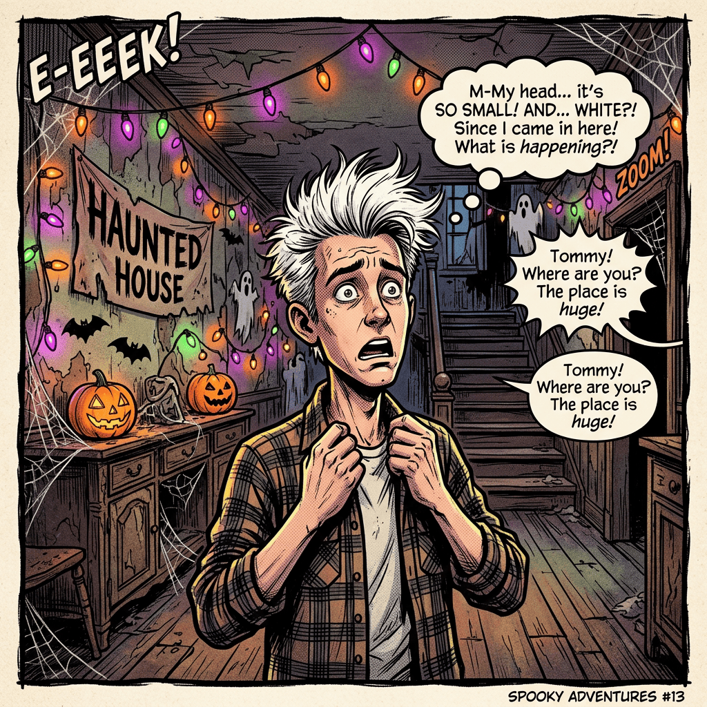 Comic panel reading “E-EEEKK!”, “HAUNTED HOUSE”, “ZOOM!”, “M-My head... it’s SO SMALL! AND... WHITE?! Since I came in here! What is happening?!”, “Tommy! Where are you? The place is huge!”, and “SPOOKY ADVENTURES #13”