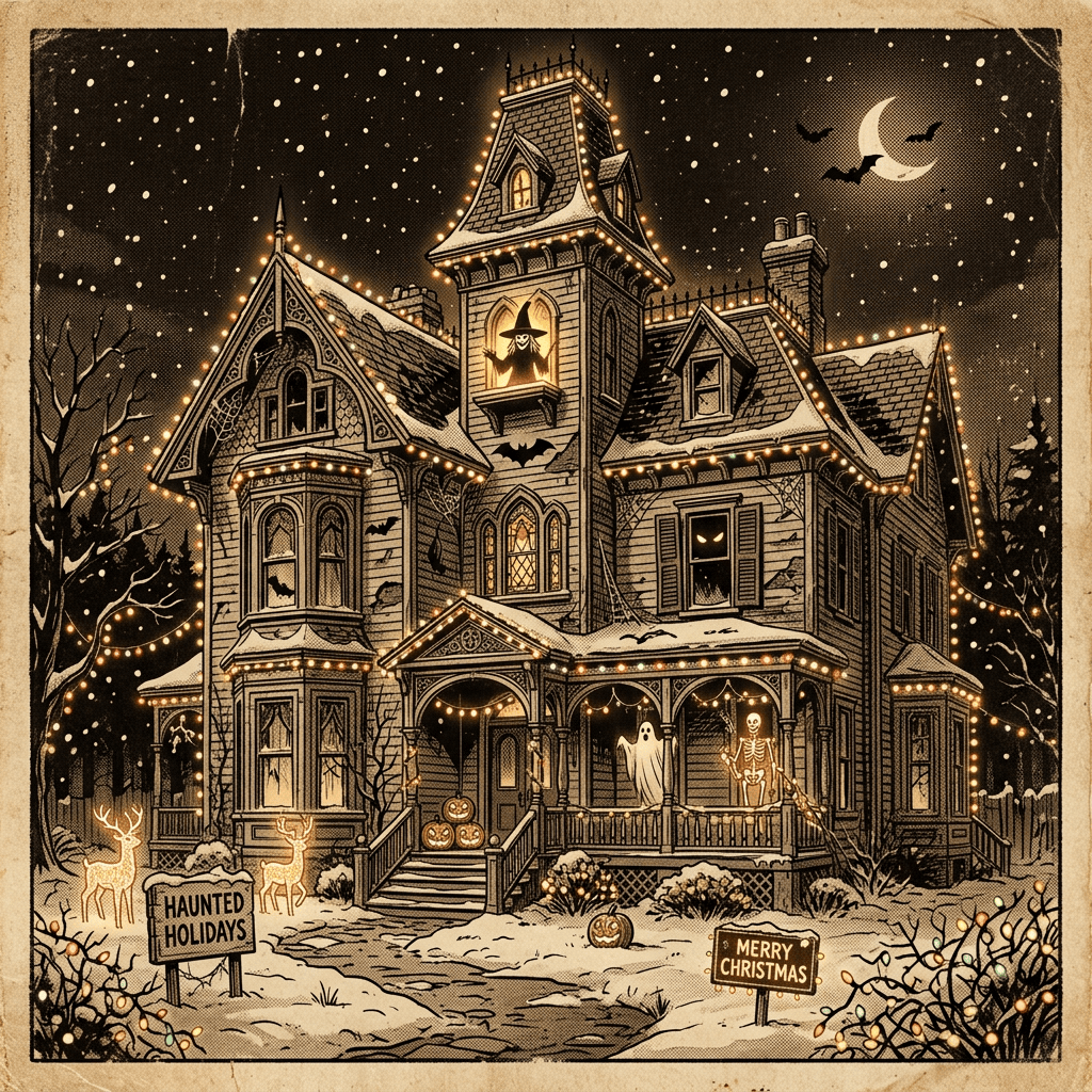 Haunted Victorian house with ghosts, bats, pumpkins, and signs reading “HAUNTED HOLIDAYS” and “MERRY CHRISTMAS”