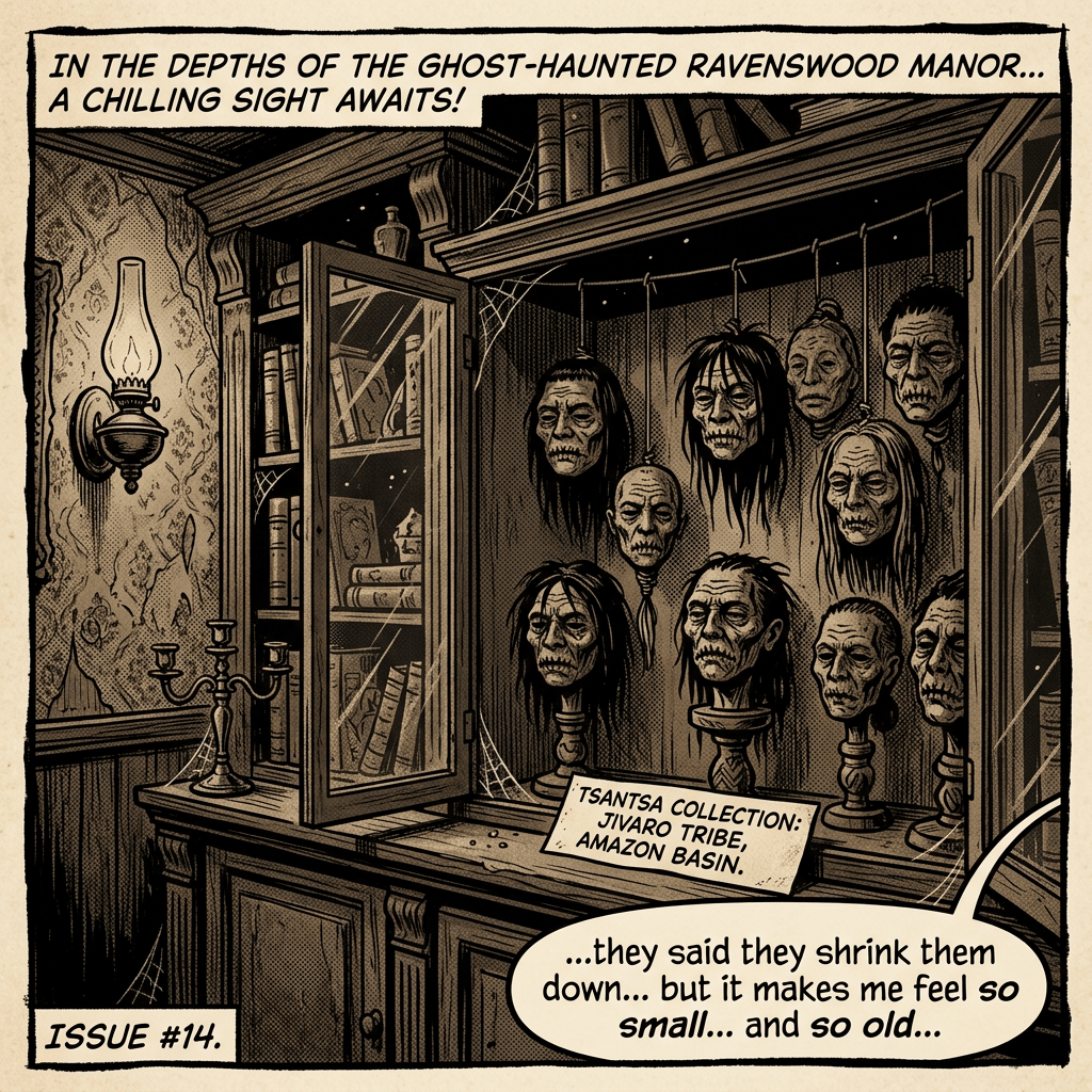 Comic panel text: IN THE DEPTHS OF THE GHOST-HAUNTED RAVENSWOOD MANOR... A CHILLING SIGHT AWAITS! TSANTSA COLLECTION: JIVARO TRIBE, AMAZON BASIN. ISSUE #14. ...they said they shrink them down... but it makes me feel so small... and so old...