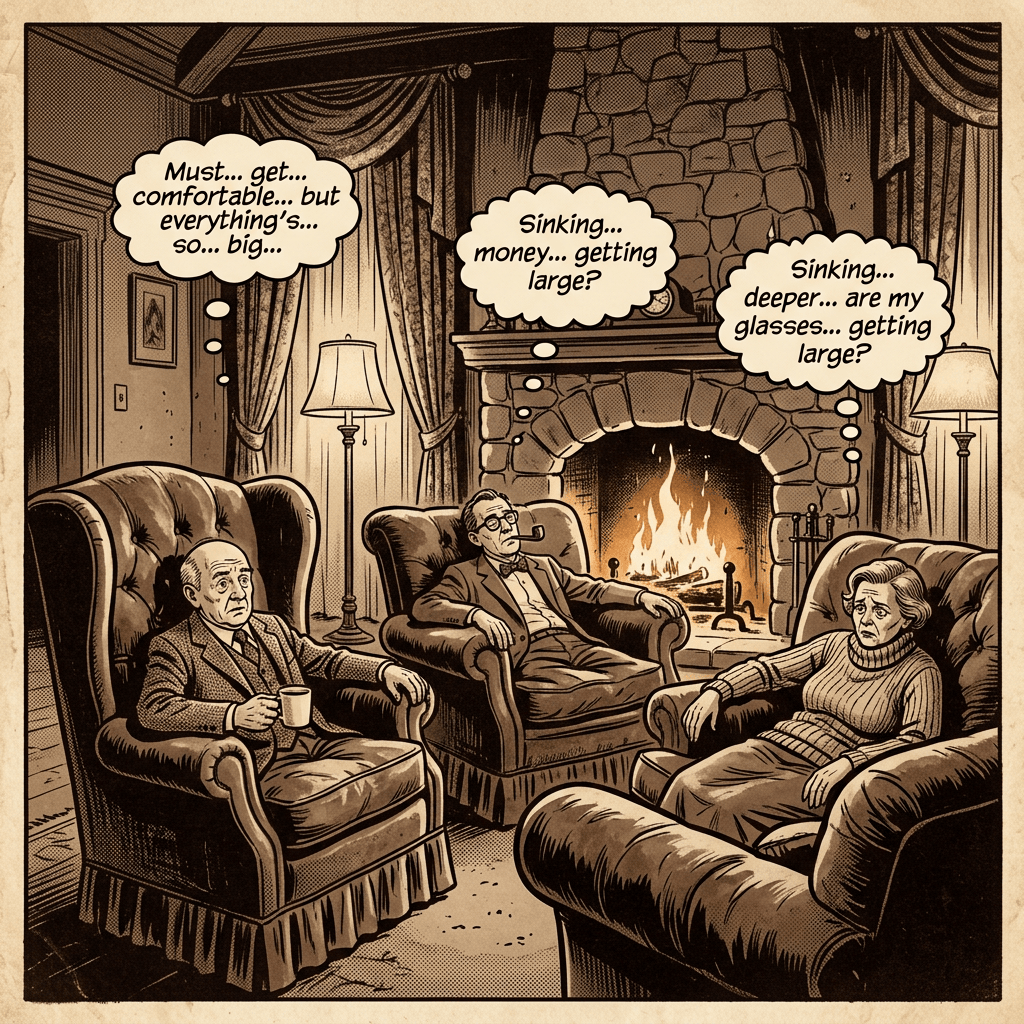 Three adults sit in a fireplace room; thought bubbles read: “Must... get... comfortable... but everything’s... so... big...”; “Sinking... money... getting large?”; “Sinking... deeper... are my glasses... getting larger?”