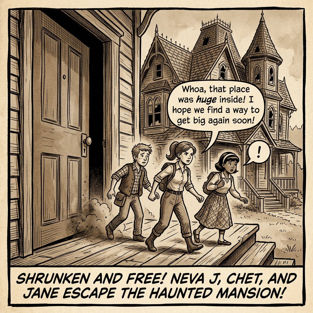 Comic panel: three children leave a haunted mansion; speech reads, “Whoa, that place was huge inside! I hope we find a way to get big again soon!” and “!”; caption reads, “SHRUNKEN AND FREE! NEVA J, CHET, AND JANE ESCAPE THE HAUNTED MANSION!”