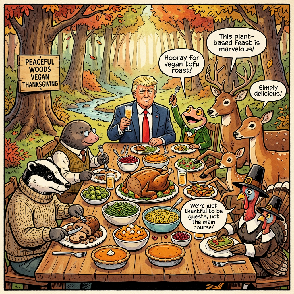 Cartoon woodland dinner with sign reading "PEACEFUL WOODS VEGAN THANKSGIVING"; speech bubbles say "Hooray for vegan tofu roast!", "This plant-based feast is marvelous!", "Simply delicious!", and "We're just thankful to be guests, not the main course!"
