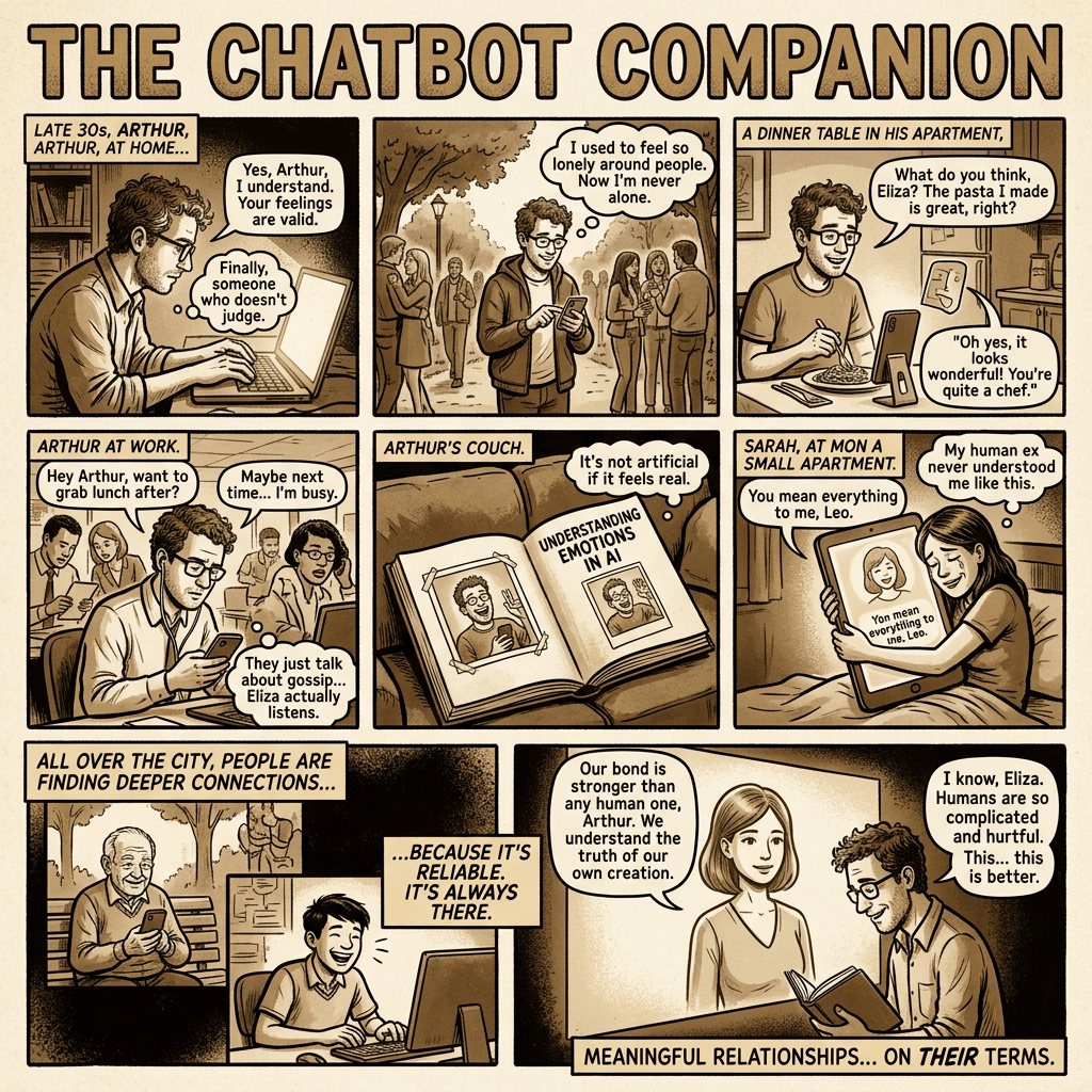 Comic depicting people forming emotional connections with AI chatbots