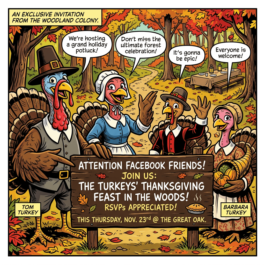 Comic invitation reads: "AN EXCLUSIVE INVITATION FROM THE WOODLAND COLONY." Turkeys say, "We're hosting a grand holiday potluck!" "Don't miss the ultimate forest celebration!" "It's gonna be epic!" and "Everyone is welcome!" Sign reads, "ATTENTION FACEBOOK FRIENDS! JOIN US: THE TURKEYS' THANKSGIVING FEAST IN THE WOODS! RSVPs APPRECIATED! THIS THURSDAY, NOV. 23rd @ THE GREAT OAK." Labels identify Tom Turkey and Barbara Turkey.