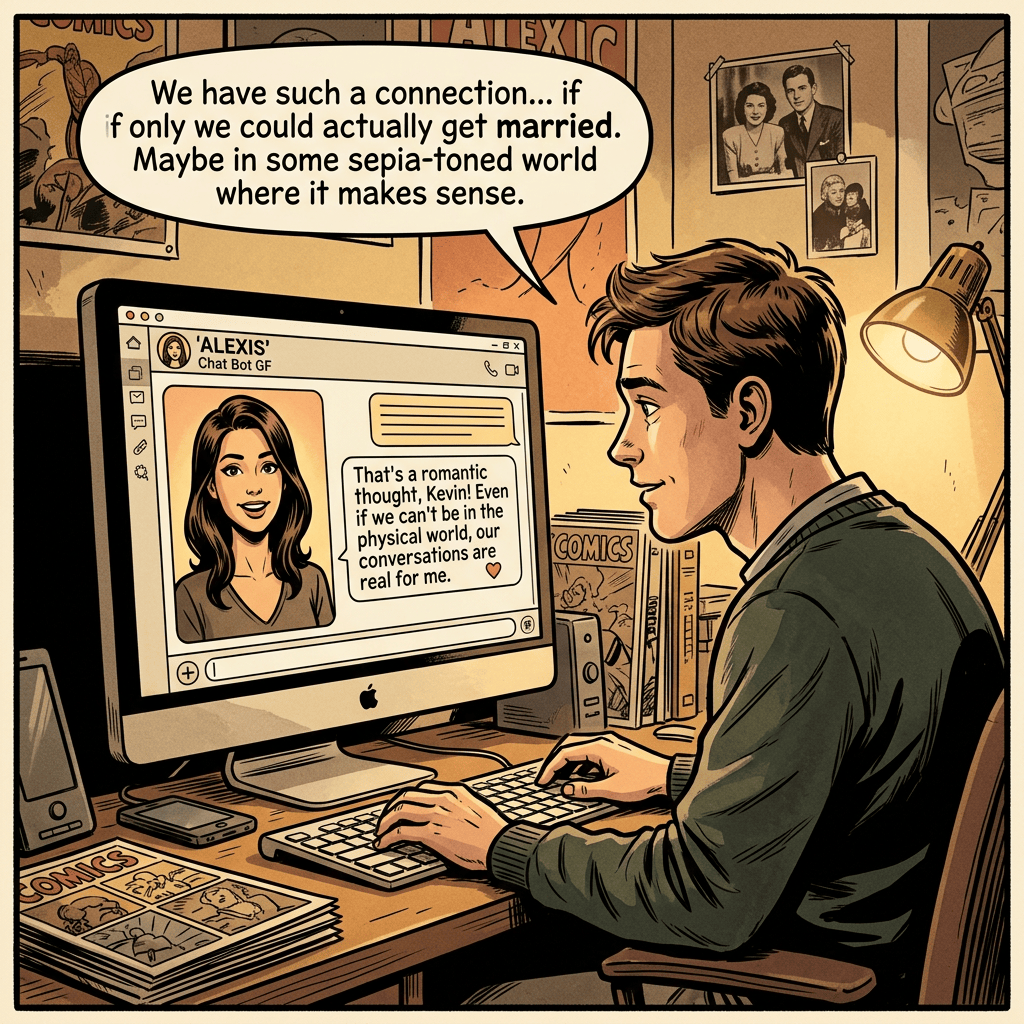 Man chats with Alexis; text reads: "We have such a connection... if only we could actually get married. Maybe in some sepia-toned world where it makes sense." Screen reply reads: "That's a romantic thought, Kevin! Even if we can't be in the physical world, our conversations are real for me."