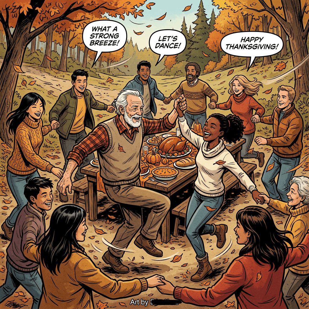 People dancing around Thanksgiving dinner; “WHAT A STRONG BREEZE!”, “LET’S DANCE!”, “HAPPY THANKSGIVING!”, and “Art by” appear in text bubbles.