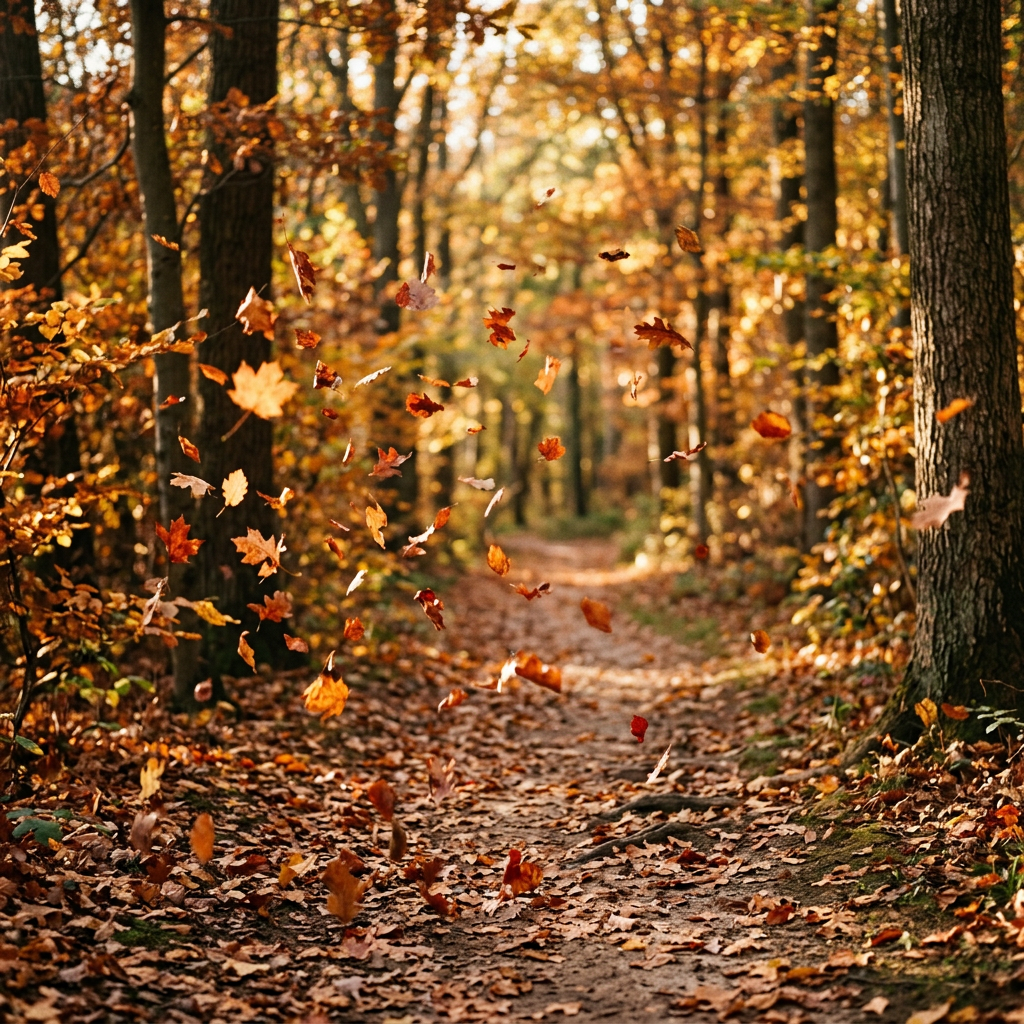 Leaf-covered forest path with autumn leaves swirling through golden sunlight