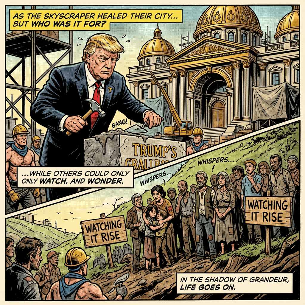 Comic text reads “AS THE SKYSCRAPER HEALED THEIR CITY... BUT WHO WAS IT FOR?”, “BANG!”, “TRUMP’S GRAIL...”, “WATCHING IT RISE”, “WHISPERS...”, and “IN THE SHADOW OF GRANDEUR, LIFE GOES ON.”