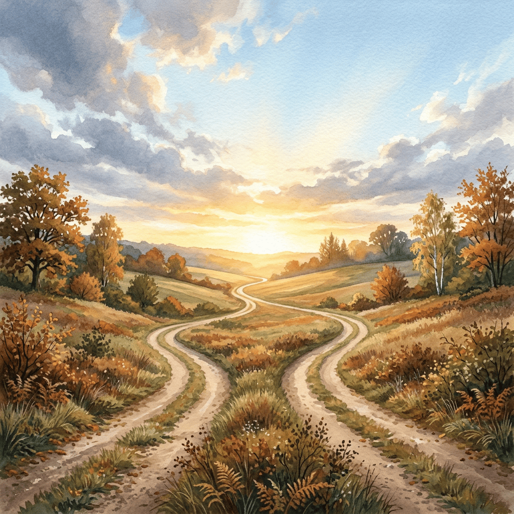Winding paths through autumn fields beneath a glowing sunset