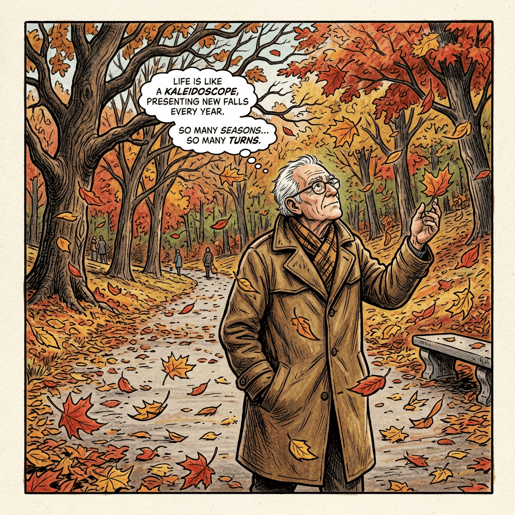 Older man in autumn park holding a leaf, with a life reflection quote