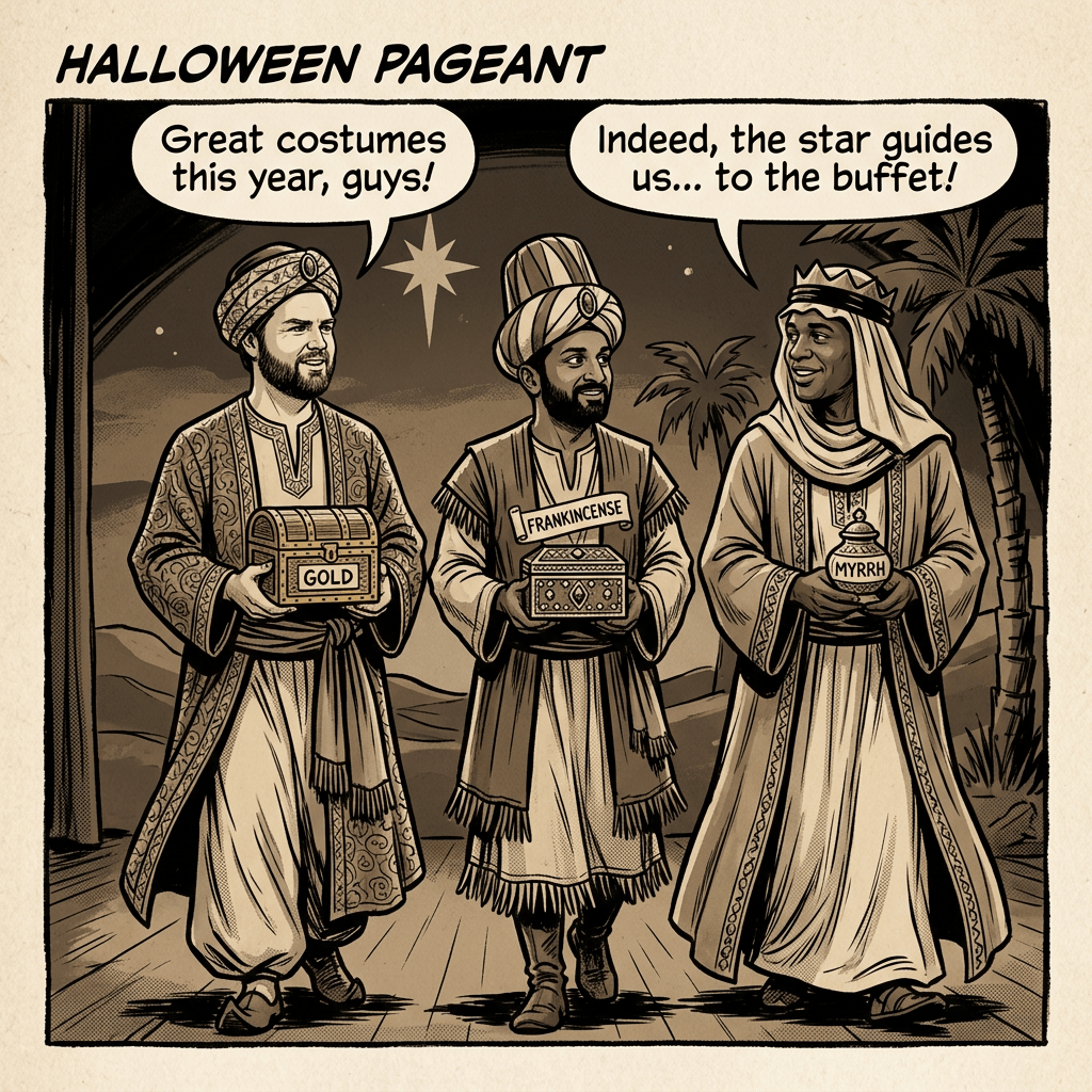 Halloween Pageant; three costumed figures hold labeled gifts: gold, frankincense, and myrrh