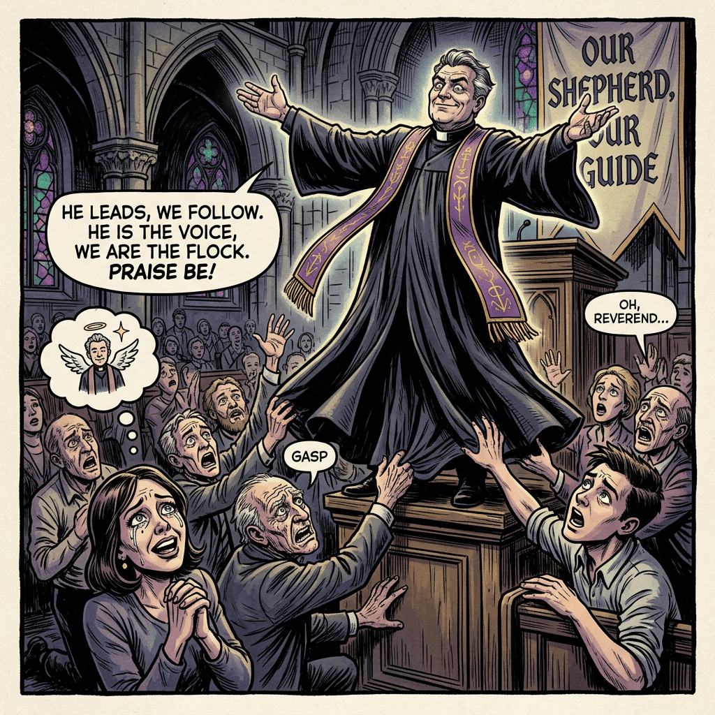 Comic panel reading “HE LEADS, WE FOLLOW. HE IS THE VOICE, WE ARE THE FLOCK. PRAISE BE!”, “OUR SHEPHERD, OUR GUIDE”, “GASP”, and “OH, REVEREND...”