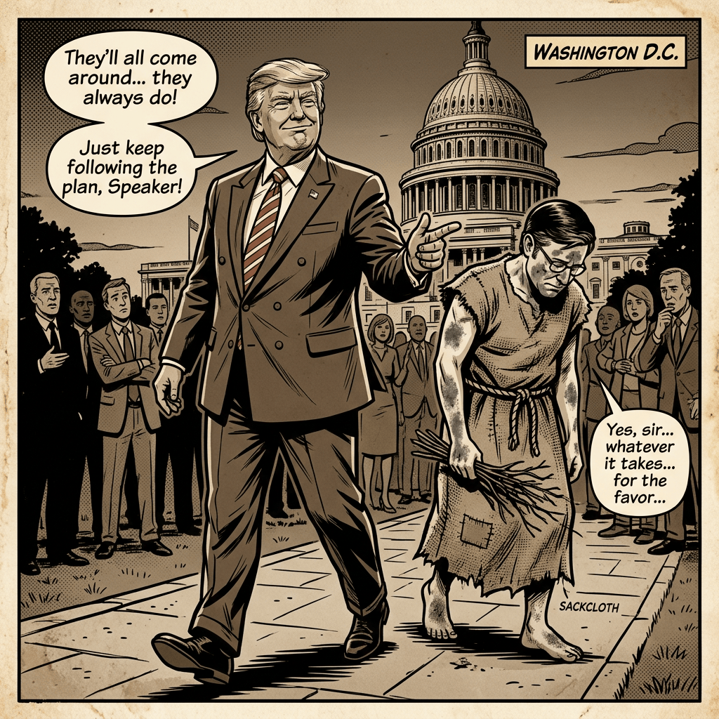 Political cartoon labeled “WASHINGTON D.C.” showing a Trump-like man saying “They’ll all come around… they always do! Just keep following the plan, Speaker!” to a barefoot person in sackcloth replying “Yes, sir… whatever it takes… for the favor…”; “SACKCLOTH” appears below.