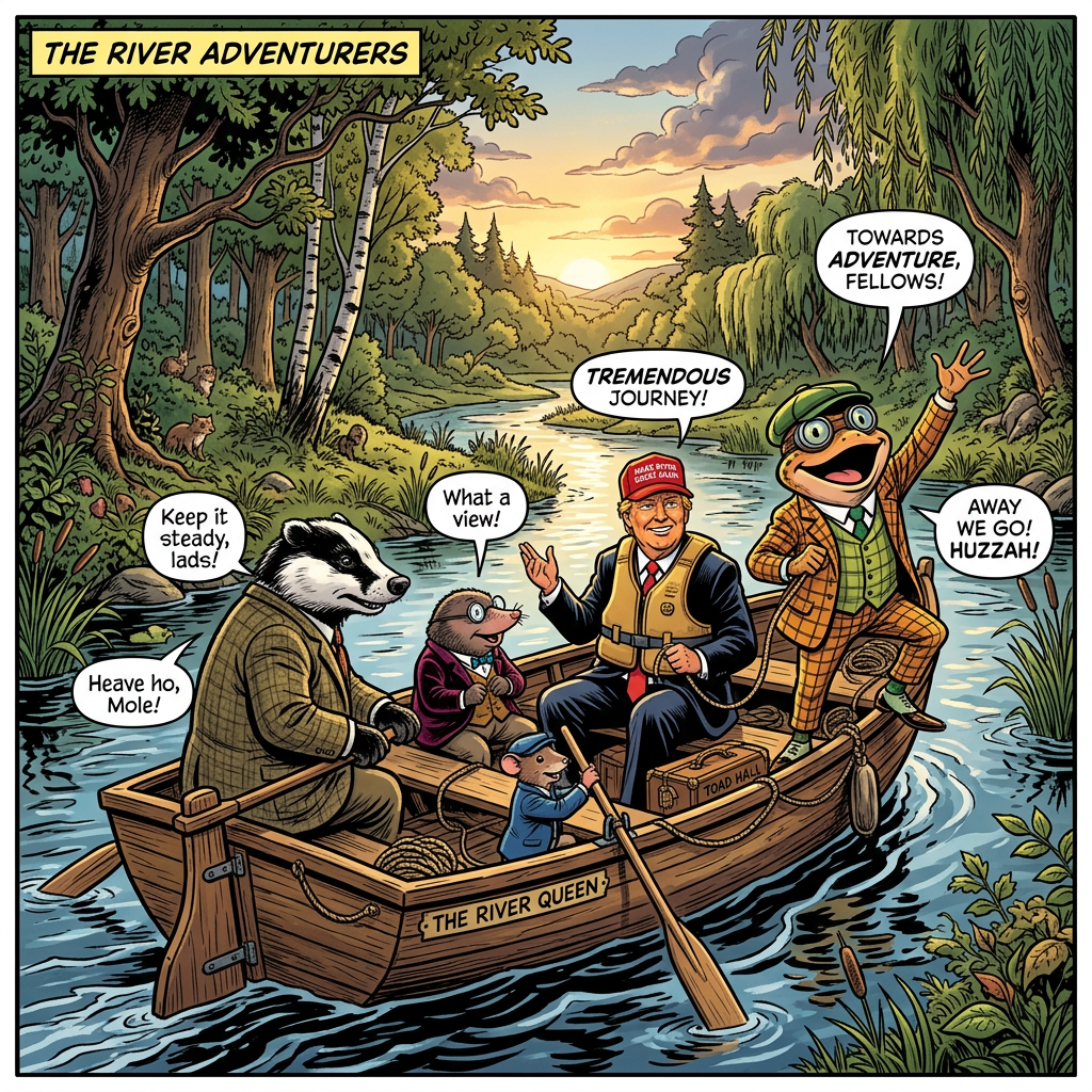 Comic panel titled “The River Adventurers,” showing animal companions and a guide boating downstream with speech bubbles.