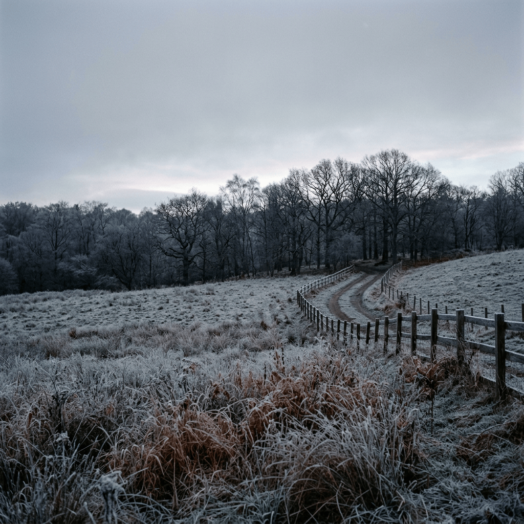 Frost-covered meadow with a winding fenced path and leafless woodland