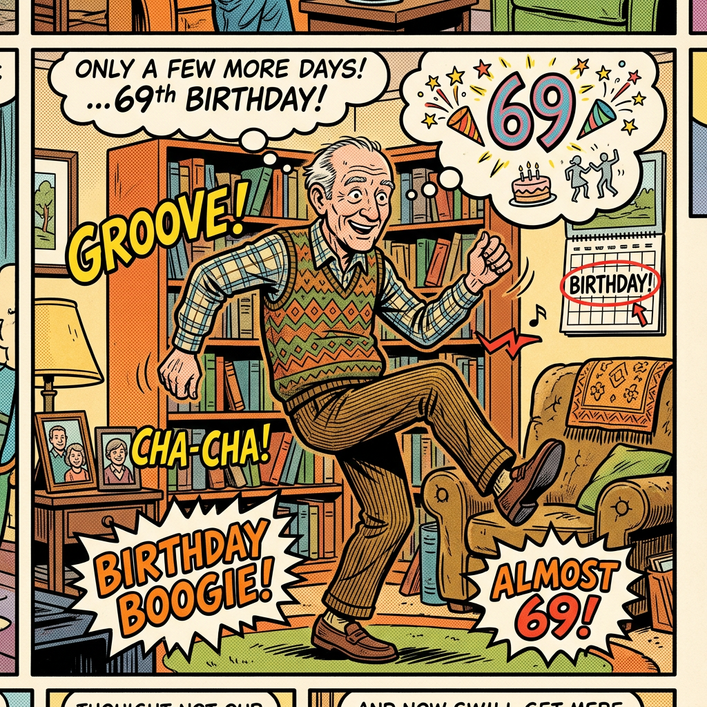 Retro comic panel with an older man dancing among bookshelves; text reads “ONLY A FEW MORE DAYS! ...69th BIRTHDAY!”, “GROOVE!”, “CHA-CHA!”, “BIRTHDAY BOOGIE!”, “ALMOST 69!”, and “BIRTHDAY!”