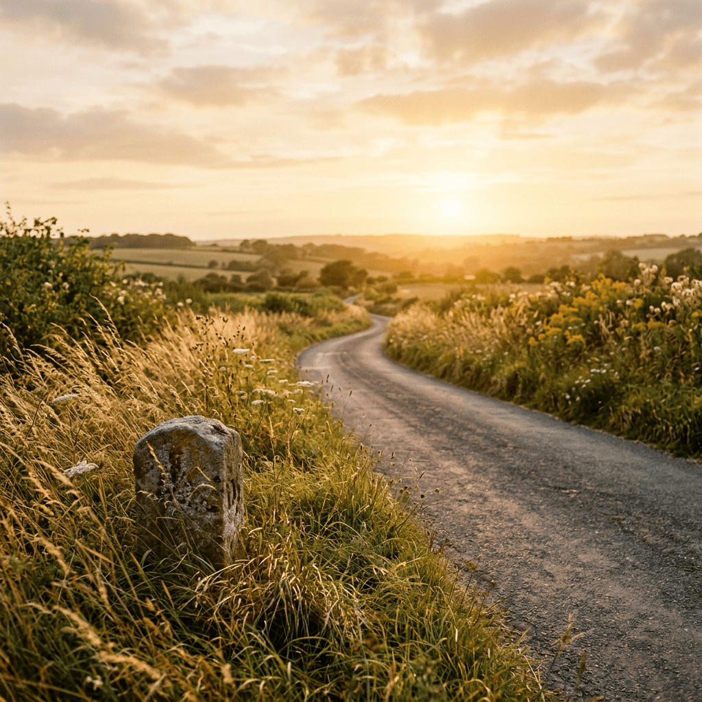 Winding country road through flowering fields at sunset