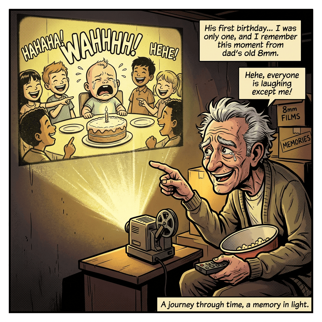 Elderly man watching an 8mm film of his first birthday