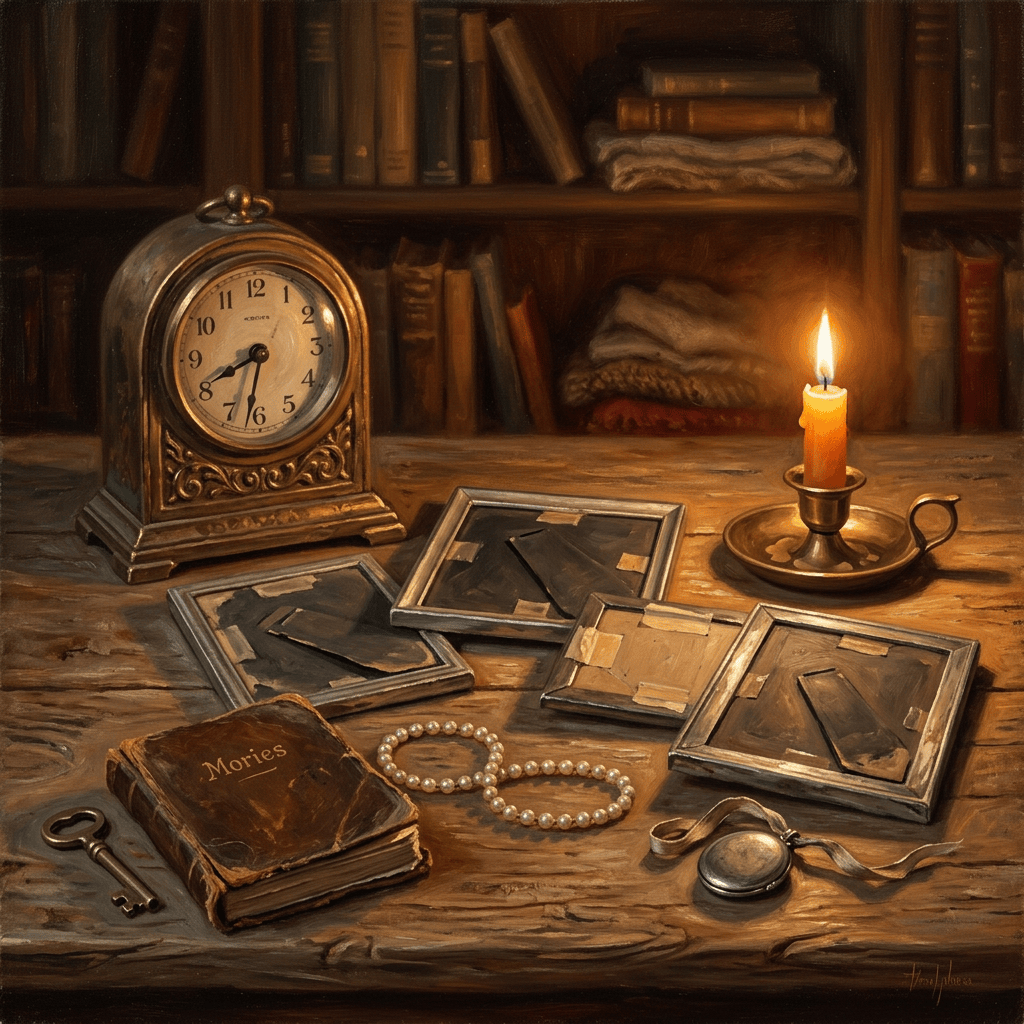 Antique clock, candle, framed photographs, rosary, key, and book labeled “Mories”
