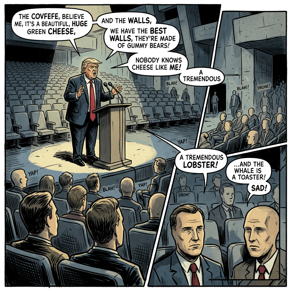 Comic panel of a blond politician at a podium saying coffee is green cheese, walls are gummy bears, and lobster is tremendous; audience members respond with “blah,” “yap,” “drone,” and “sad.”