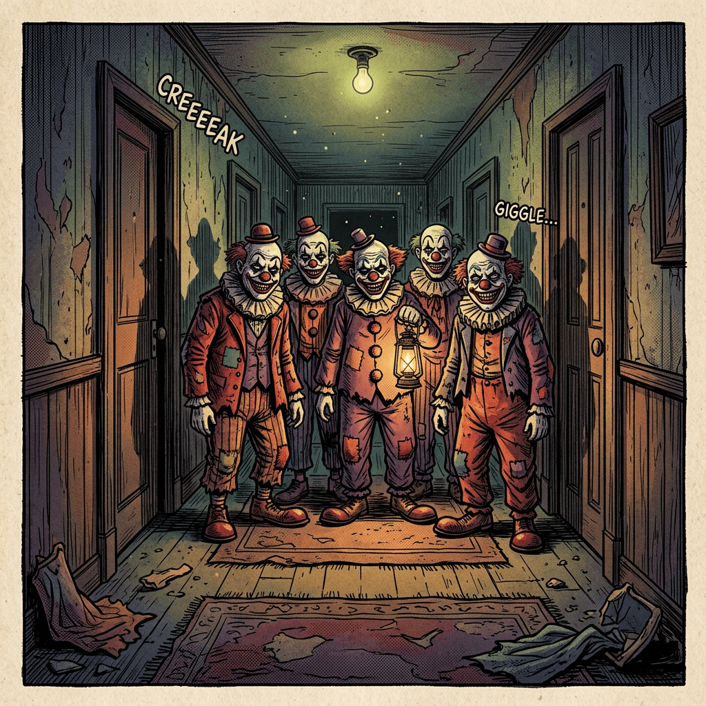 Five sinister clowns in hallway; text reads “CREEEEAK” and “GIGGLE...”