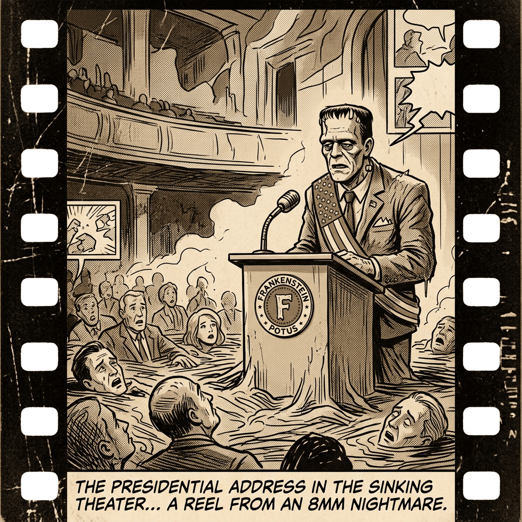 Frankenstein-like president speaking at a podium in a flooded theater