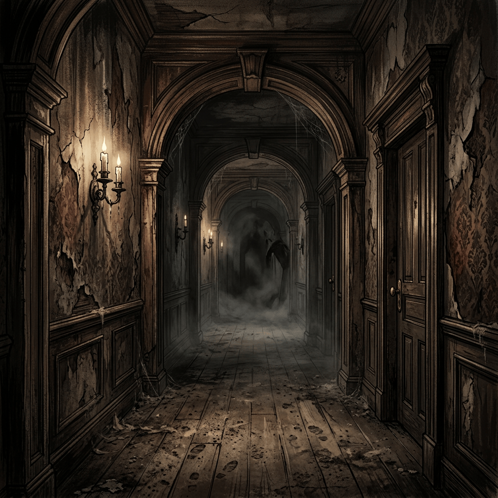 Gloomy abandoned corridor with candles, open doors, fog, and a shadowy figure