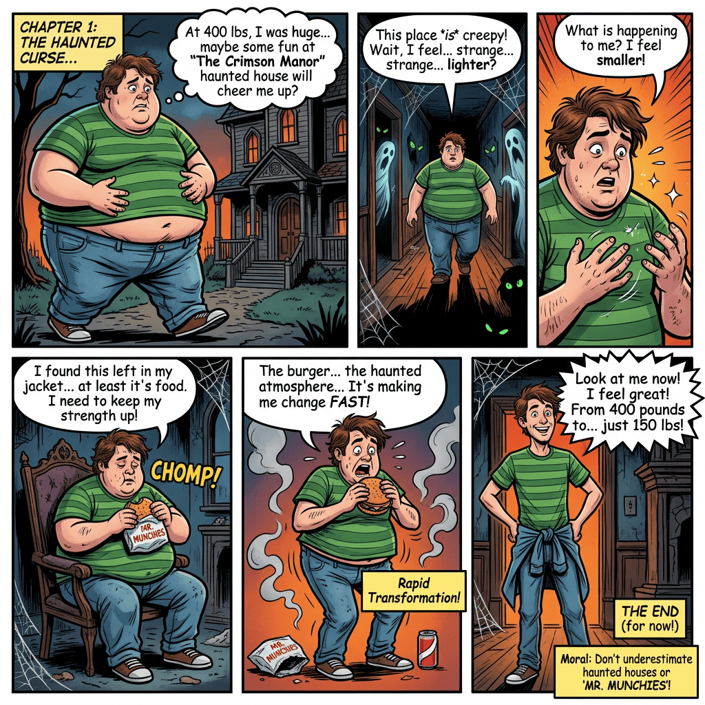 Comic text: CHAPTER 1: THE HAUNTED CURSE; a 400-pound man enters The Crimson Manor, feels lighter, eats Mr. Munchies, rapidly transforms, and announces he weighs 150 pounds; THE END (for now!); Moral: Don't underestimate haunted houses or "MR. MUNCHIES!"